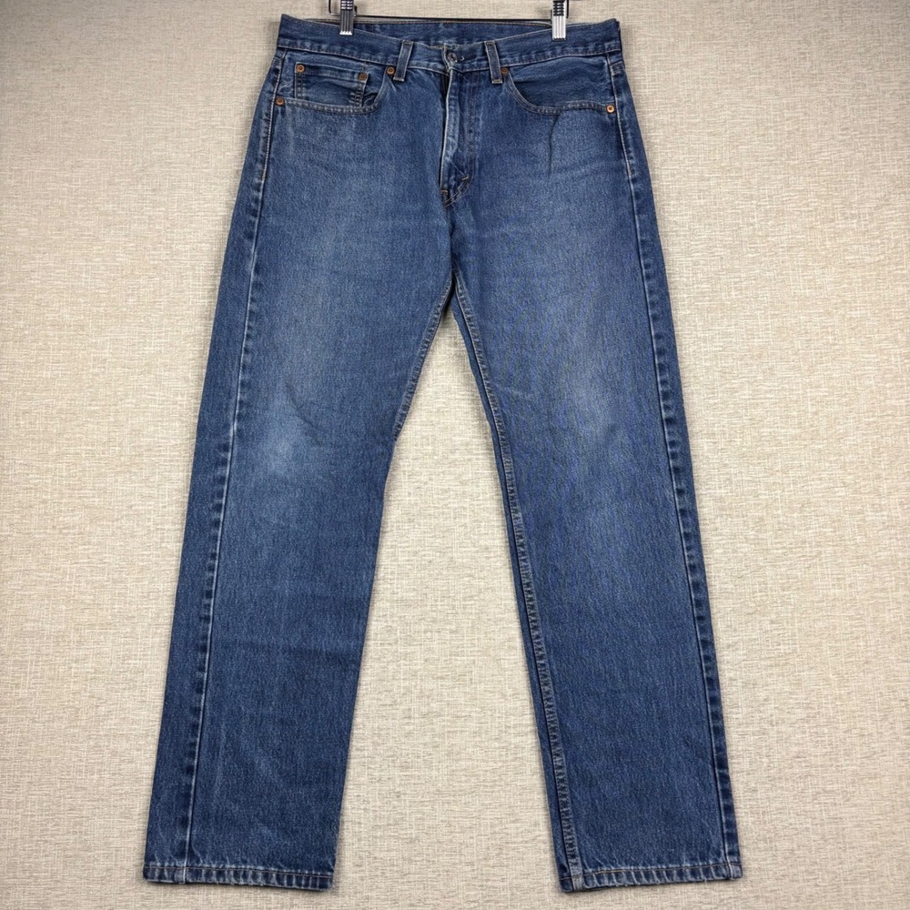 Levis 505 Mens 33x32 Jeans Medium Darker Washed Blue Denim Grainy Knee Fades